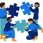 An illustration of four people working together to put together a puzzle
